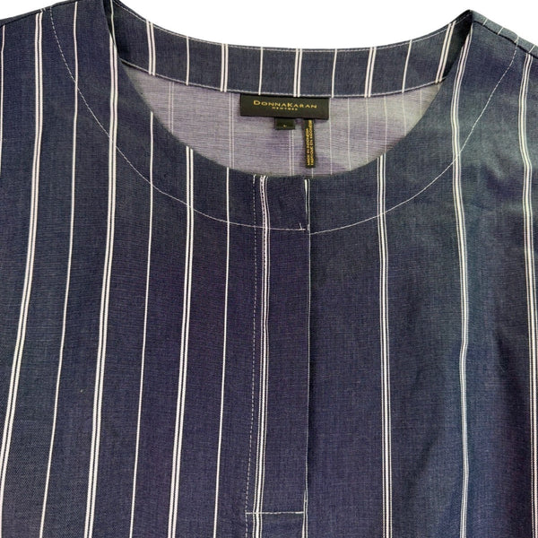 Donna Karan Womens Navy Cotton-Blend Stripe Belted Dress Size L