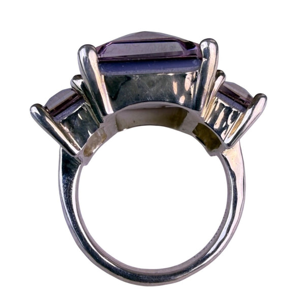 Simulated Womens Three-Stone Ring Emerald-Cut Red Stones Sz 7