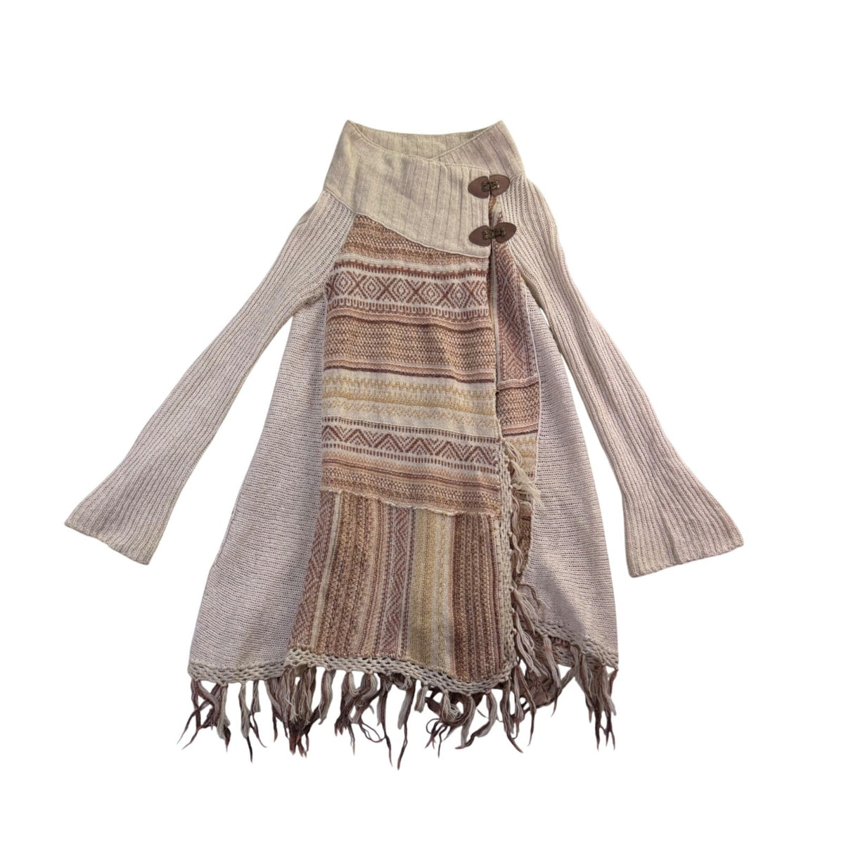 Free People Womens Beige Fringe Knit Cardigan Sweater Long Sleeve Size XS