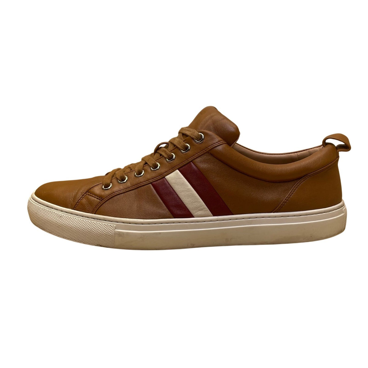 Bally Men’s Brown Leather White & Red Stripe Low-Top Casual Sneakers Size US10.5