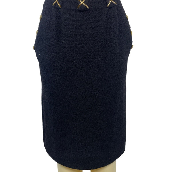 Vintage Black Bouclé Skirt Suit With Gold Button Details