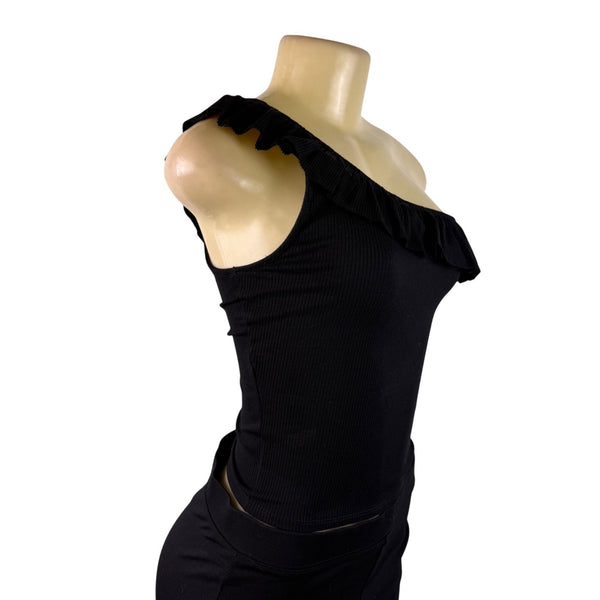 Jun & Ivy Womens Black Rayon One-Shoulder Top Ruffle Detail Sz S - NWT