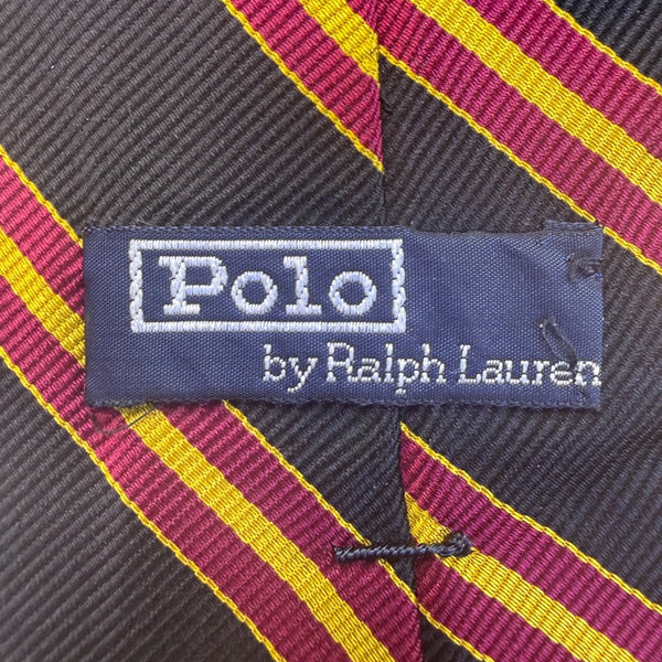 Polo Mens Navy Burgundy Gold Striped Silk Necktie Made In USA Elegant Business