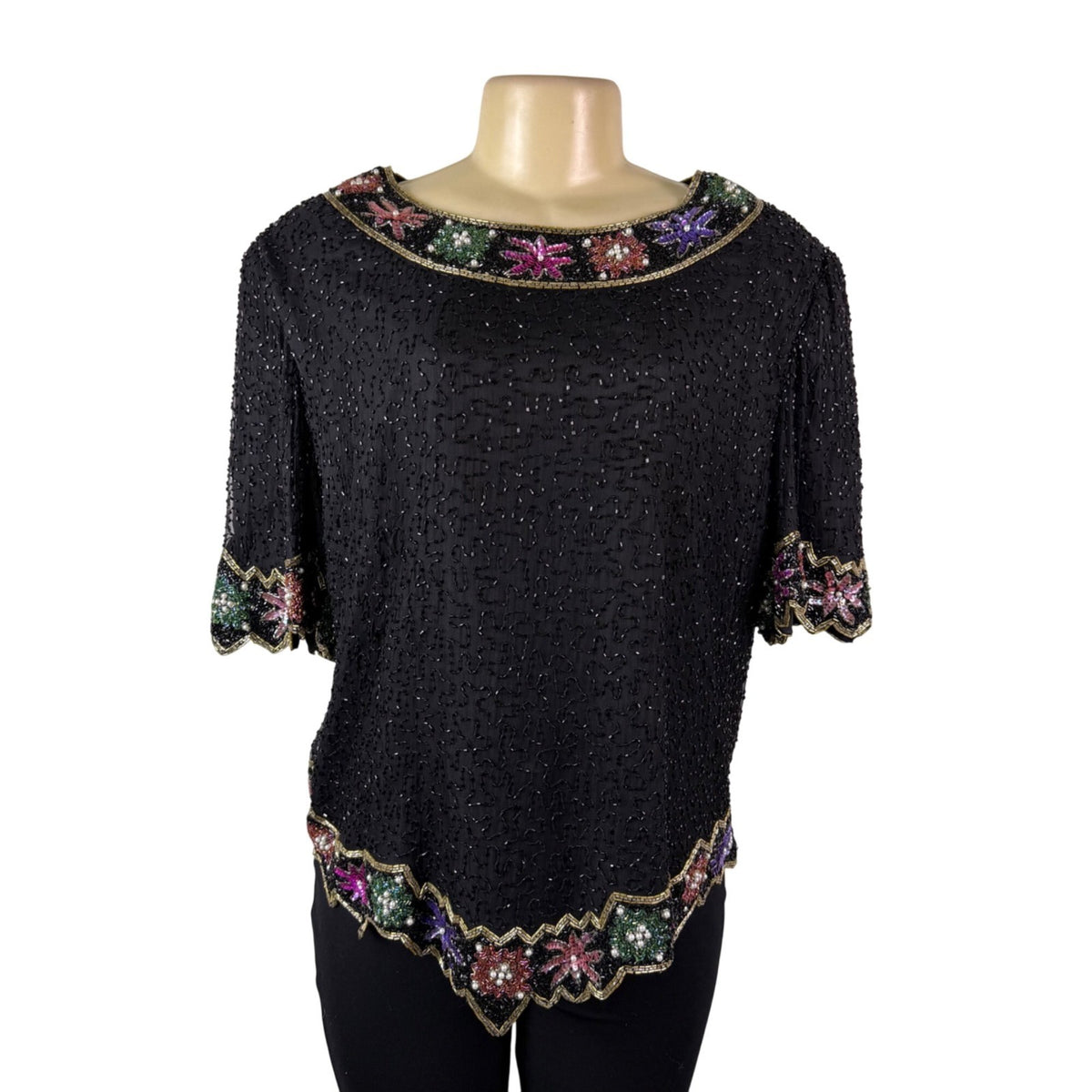 Lawrence Kazar Womens Black Beaded Silk  Jacket & Top Floral Embellished Sz 2X