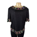 Lawrence Kazar Womens Black Beaded Silk  Jacket & Top Floral Embellished Sz 2X