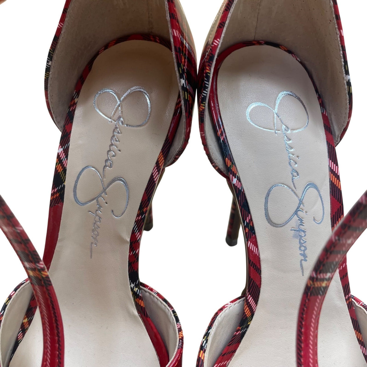Jessica Simpson Women’s Red Faux Patent T-Strap Plaid Pointed Toe Heels Size 6M