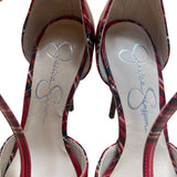 Jessica Simpson Women’s Red Faux Patent T-Strap Plaid Pointed Toe Heels Size 6M