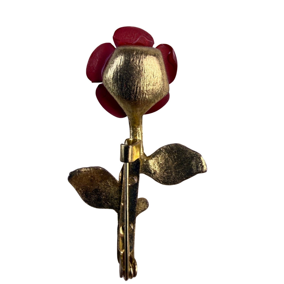 Vintage Unknown Womens Gold Tone & Red Enamel Rose Floral Brooch Pin