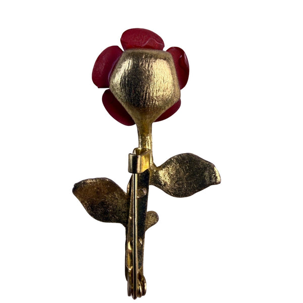 Vintage Unknown Womens Gold Tone & Red Enamel Rose Floral Brooch Pin