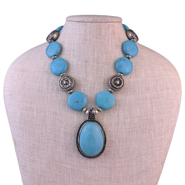 Turquoise Silver Tone Womens Beaded Necklace Pendant Design Adjustable