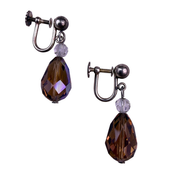Vintage Women Amber Silver Tone Drop Screw Back Earrings Glass Crystal