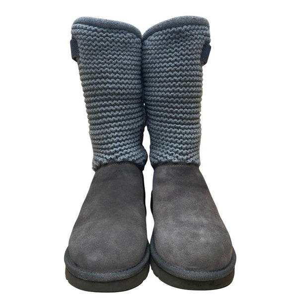 UGG Women’s Gray Knit Cuff & Suede Strap Detail Classic Pull-On Boots Size 8