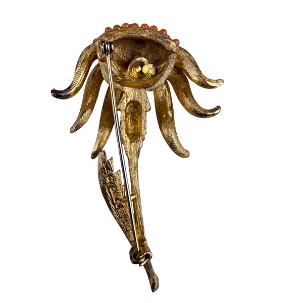 BSK Womens Gold Tone Metal Floral Lapel Brooch Orange Beads Vintage Accessory