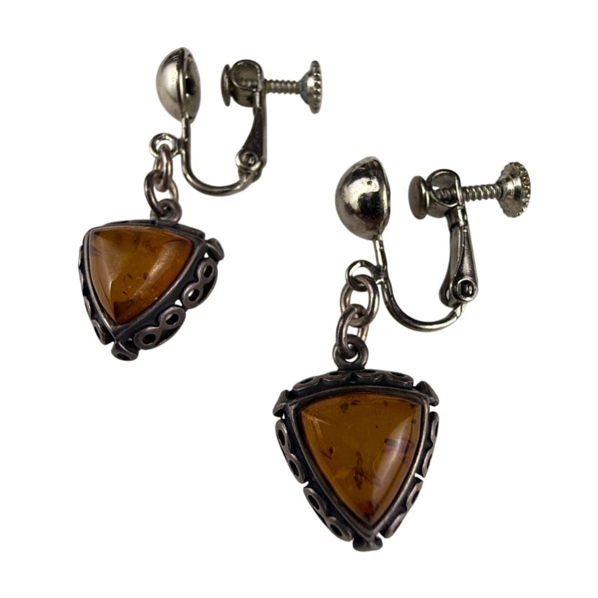 Vintage Amber & Silver Tone Bracelet With Matching Clip-On Earrings Set