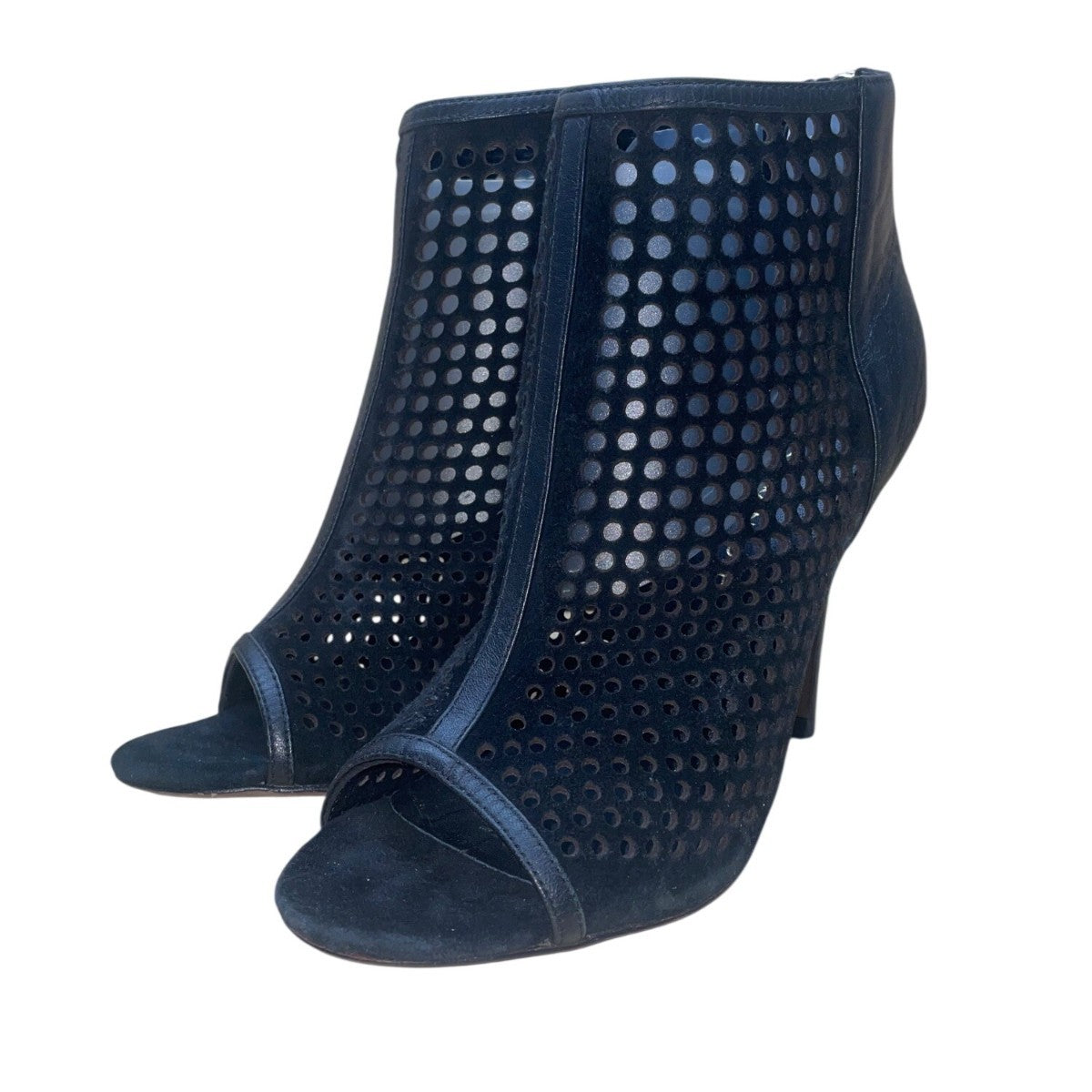 Rebecca Minkoff Women’s Black Leather Perforated Open-Toe High Heel Booties Size