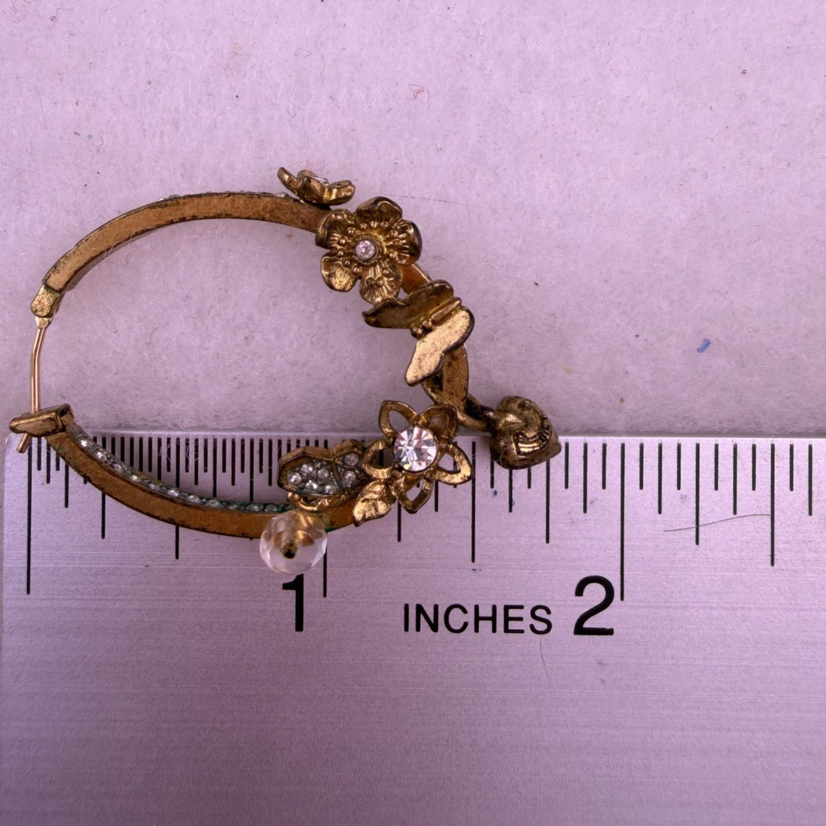 Gold Tone Vintage Flower Hoop Earrings With Crystal Accents & Heart Charms
