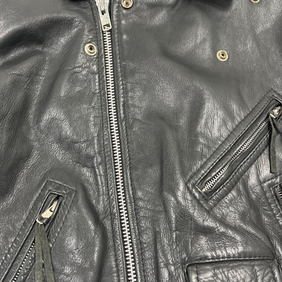 Vintage First Genine Leather Black Motorcycle Jacket With Zipper & Snap Details