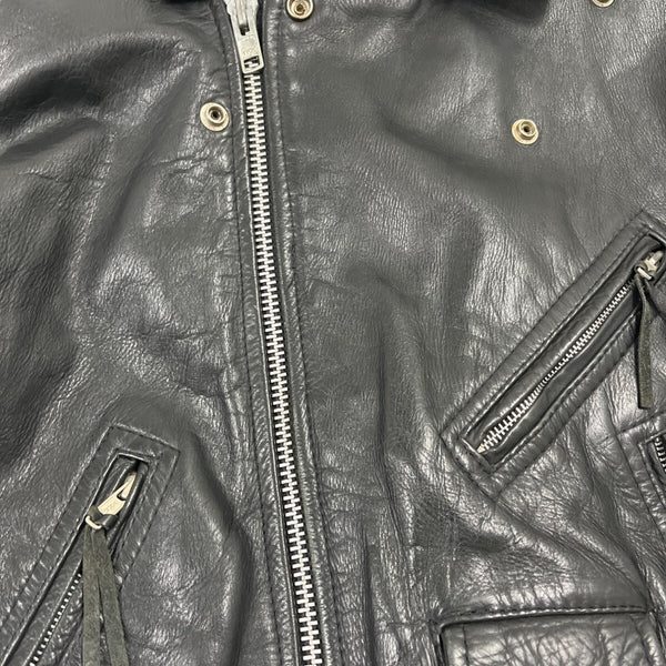 Vintage First Genine Leather Black Motorcycle Jacket With Zipper & Snap Details