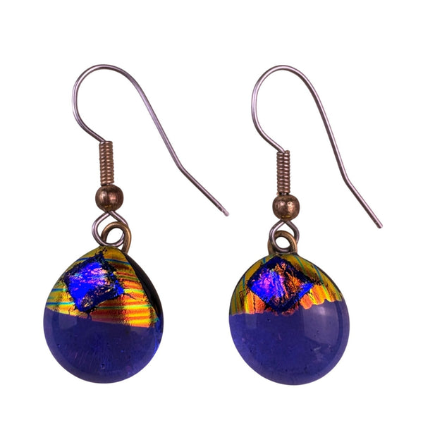 Womens Cobalt Blue Glass Earrings With Gold Tone Accents Abstract Design 