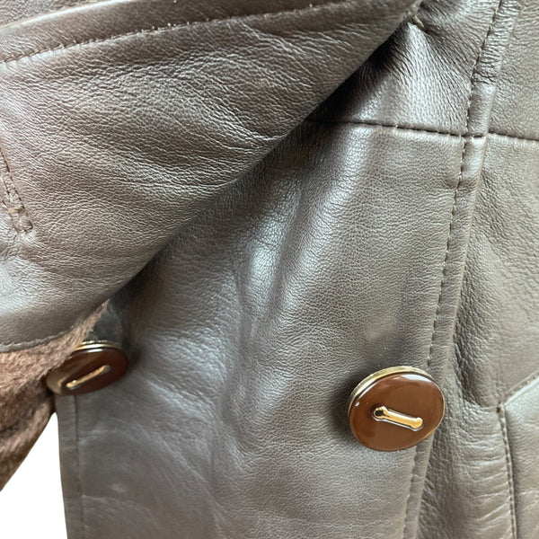 Womens Brown Leather Button-Up Trench Coat With Faux Fur Lining