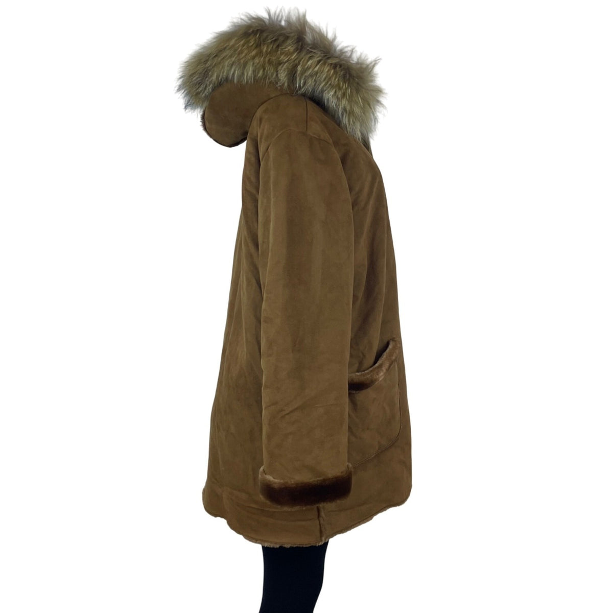 Medison Womens Brown Faux Suede Fur Trim Hooded Winter Coat  Casual Outerwear Sz
