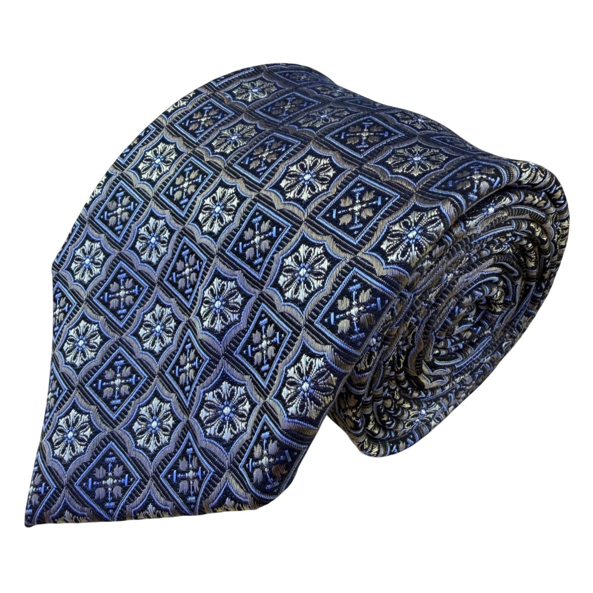 Pronto Uomo Men’s Blue & Gold Silk Geometric Pattern Handmade Neck Tie