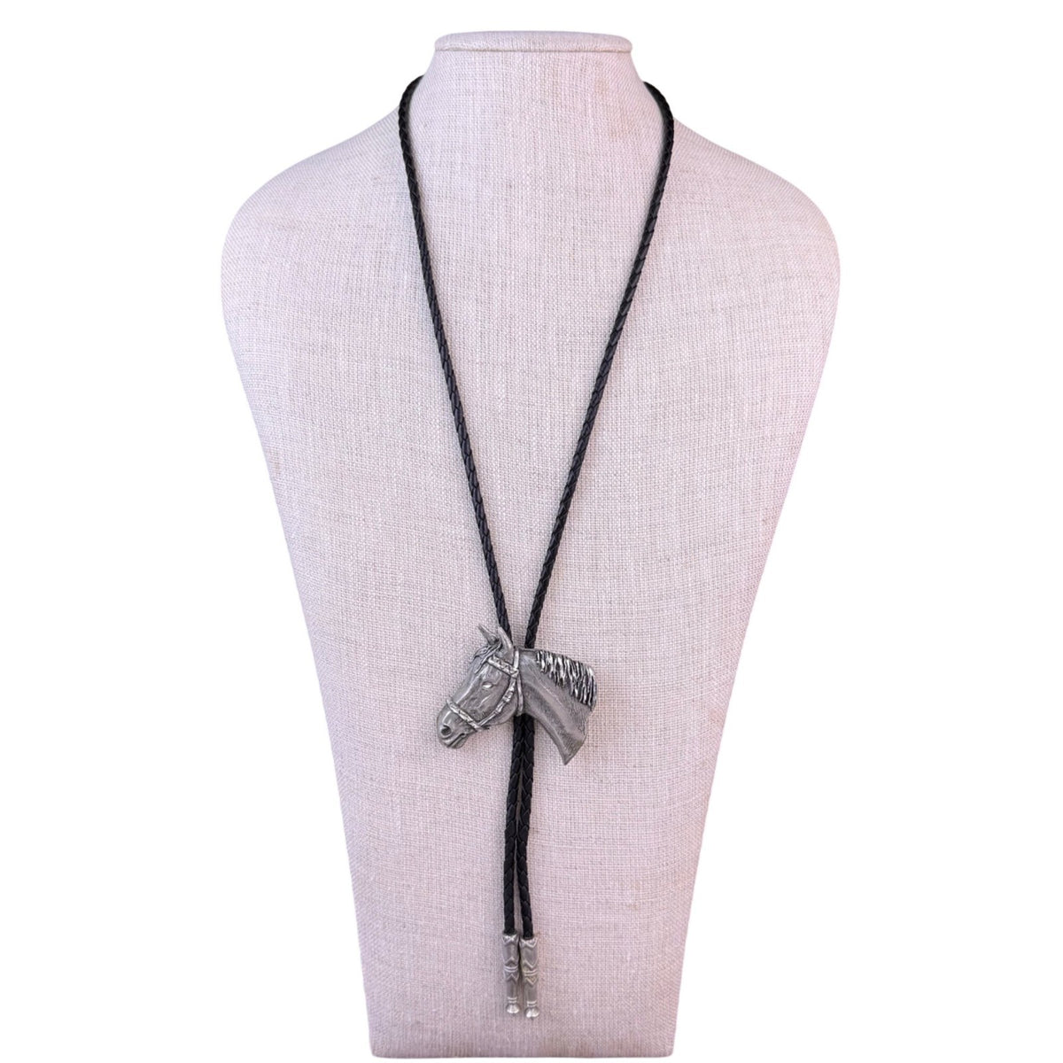 Western Silver Tone Horse Head Pendant Bolo Tie Black Braided Cord Adjustable