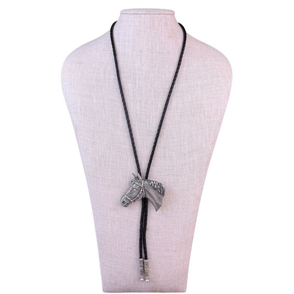 Western Silver Tone Horse Head Pendant Bolo Tie Black Braided Cord Adjustable