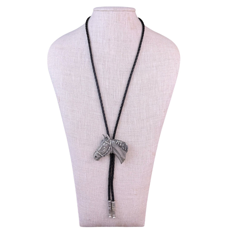 Western Silver Tone Horse Head Pendant Bolo Tie Black Braided Cord Adjustable