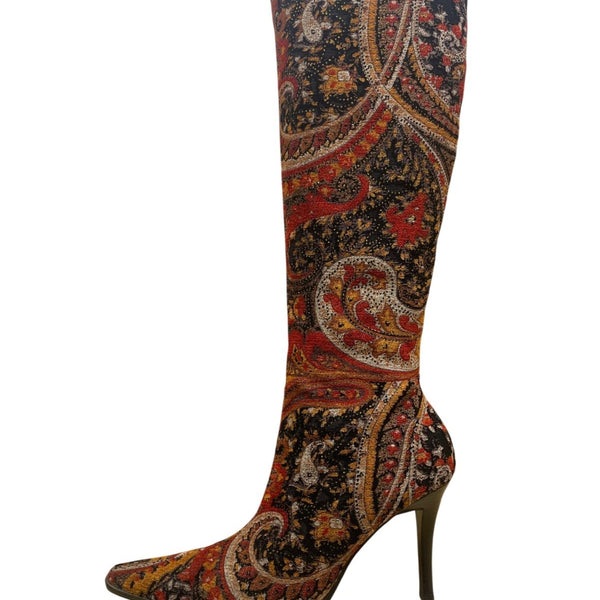 Diba Women’s Red & Black Fabric Paisley Print Stiletto Heel Tall Boots Size 6.5