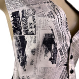 Gouda New York Womens Black & Ivory Newspaper Print Vest Stylish Button Up Sz L