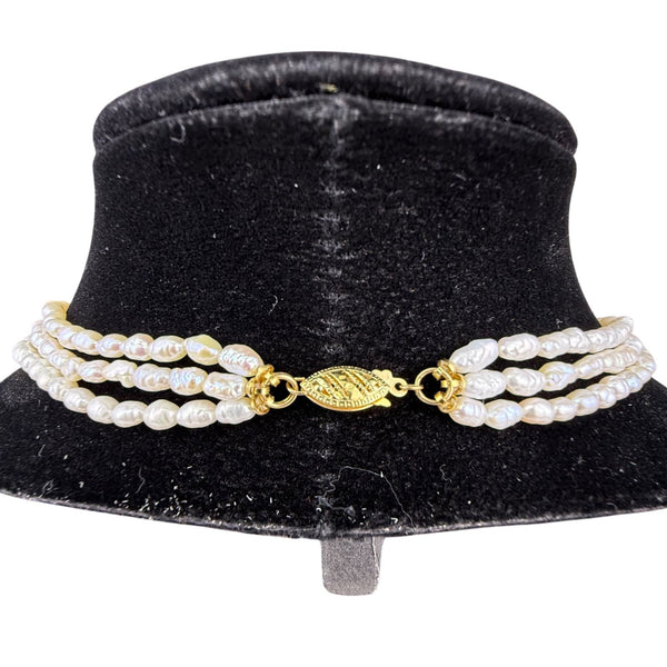 14K Gold Womens White Pearl Beaded Triple Strand Necklace Clasp Jewelry