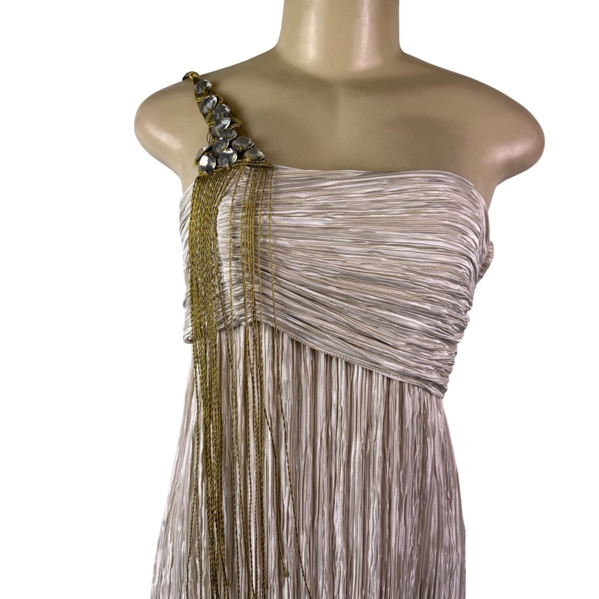 Mary McFadden Women’s Gold & Cream Pleated Satin Gown With Beaded Strap Size 6