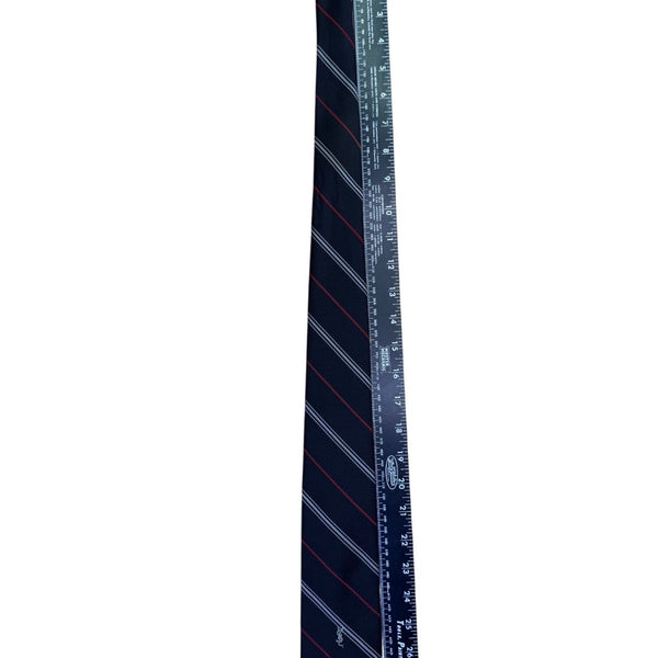 Y Saint Laurent Mens Navy Silk Tie Striped Pattern Red & White Accents