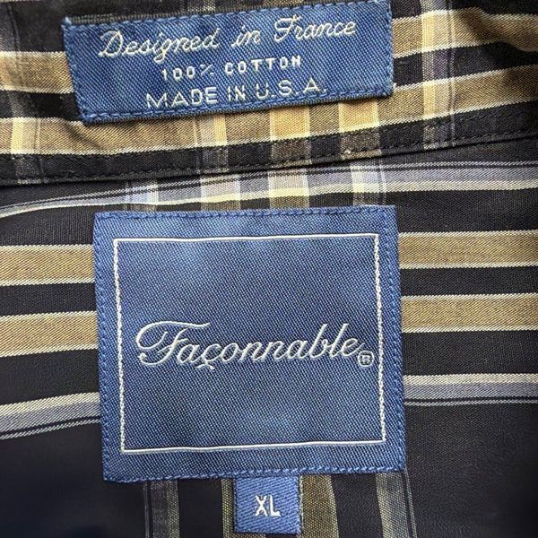 Faconnable Mens Navy & Beige Plaid Button-Up Shirt Casual Fit Size XL