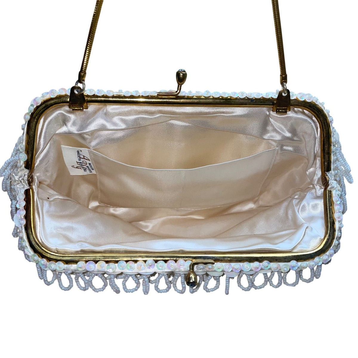 Vintage ADG Women’s White Fringe Beaded Satin Metallic Strap Clutch Bag