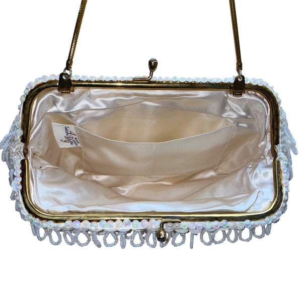 Vintage ADG Women’s White Fringe Beaded Satin Metallic Strap Clutch Bag