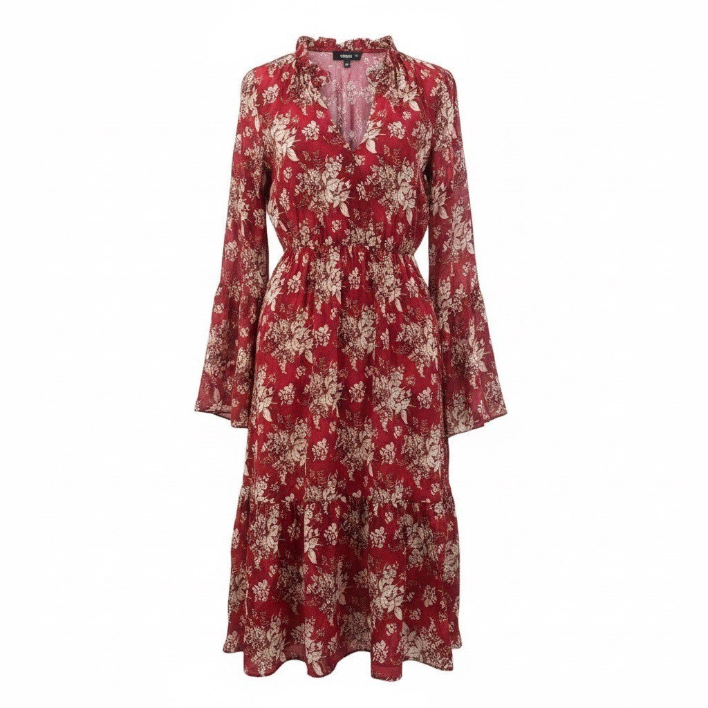 Missguided Womens Red Floral Midi Dress With Bell Sleeves Size US 6
