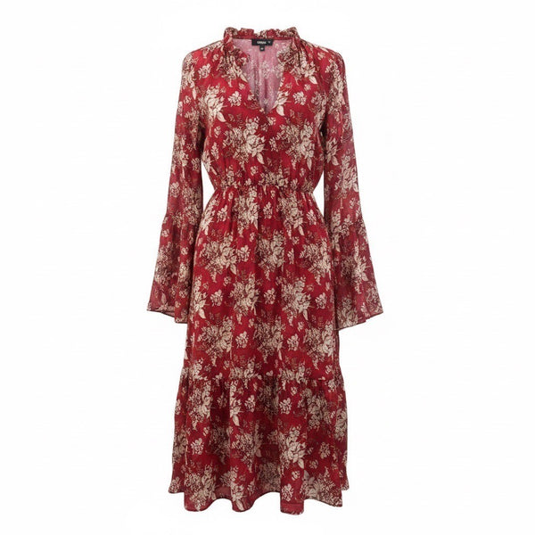 Missguided Womens Red Floral Midi Dress With Bell Sleeves Size US 6