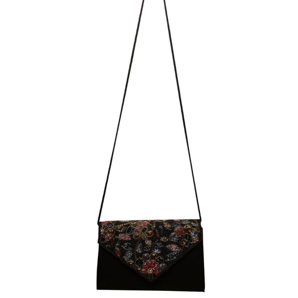 Women’s Black Beaded Floral Envelope Clutch Purse With Shoulder Strap