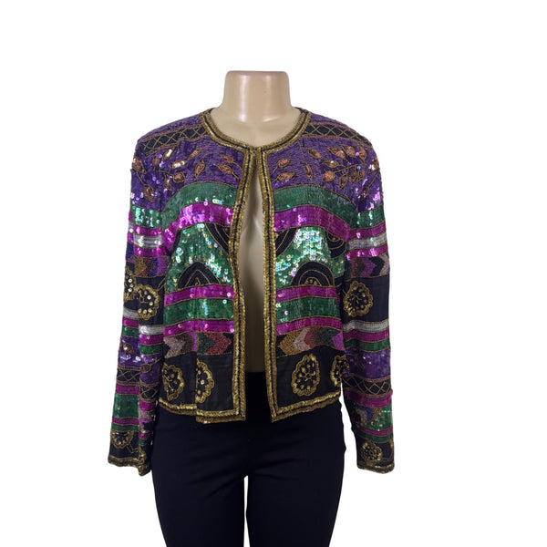 Swee Lo Womens Multicolor Sequin Beaded Open Front Jacket  Embellished Sz S