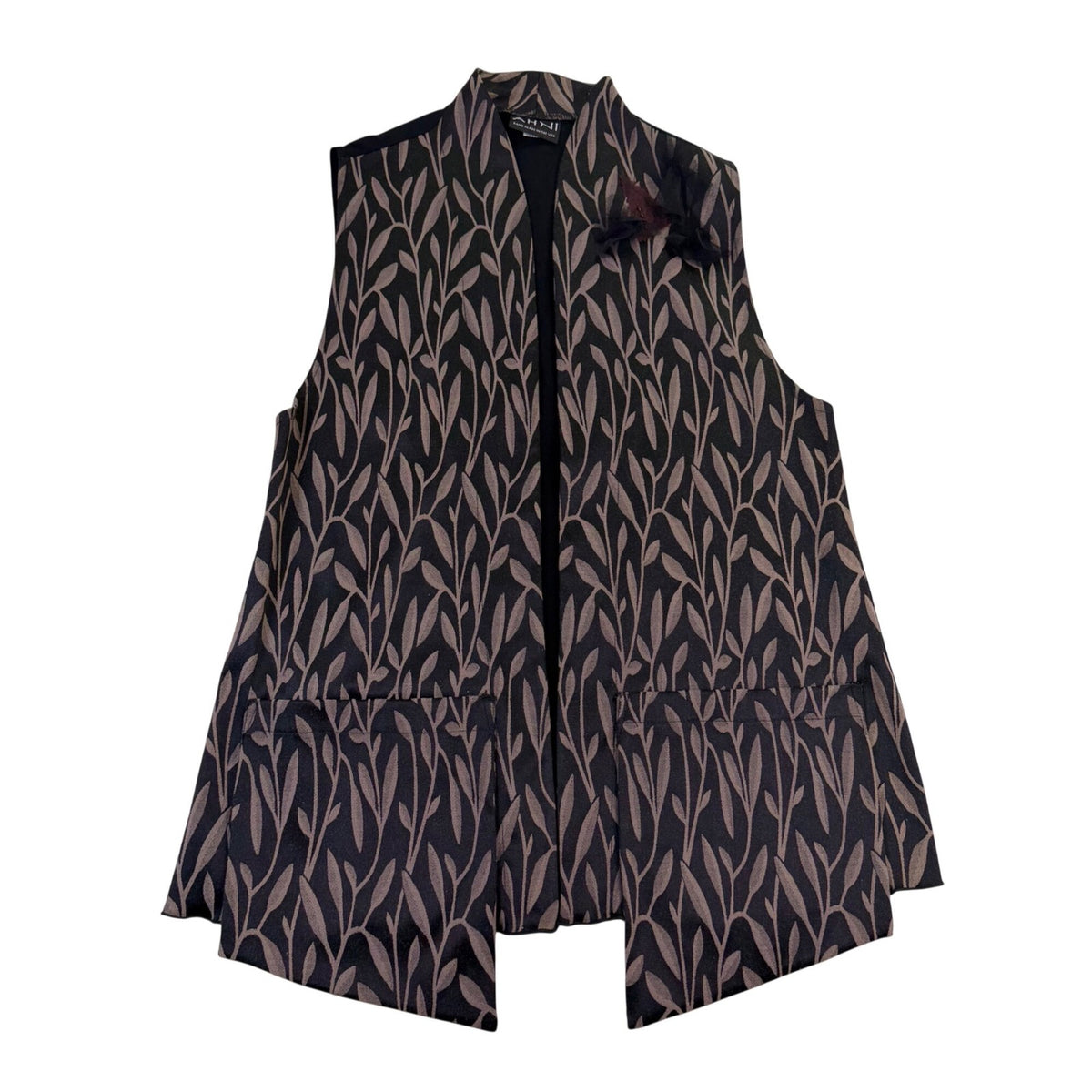 Ahnni Womens Black Taupe Leaf Print Open Front Vest With Tule Accent Size 1