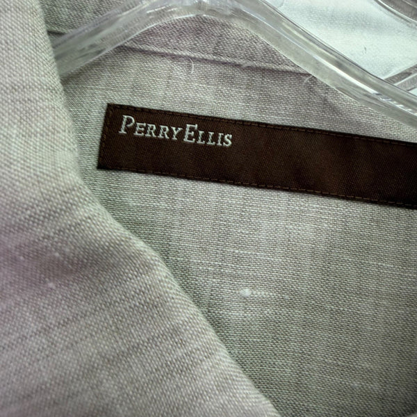 Perry Ellis Mens Tan Linen Short Sleeve Button-Up Shirt Lightweight Casual Sz XL