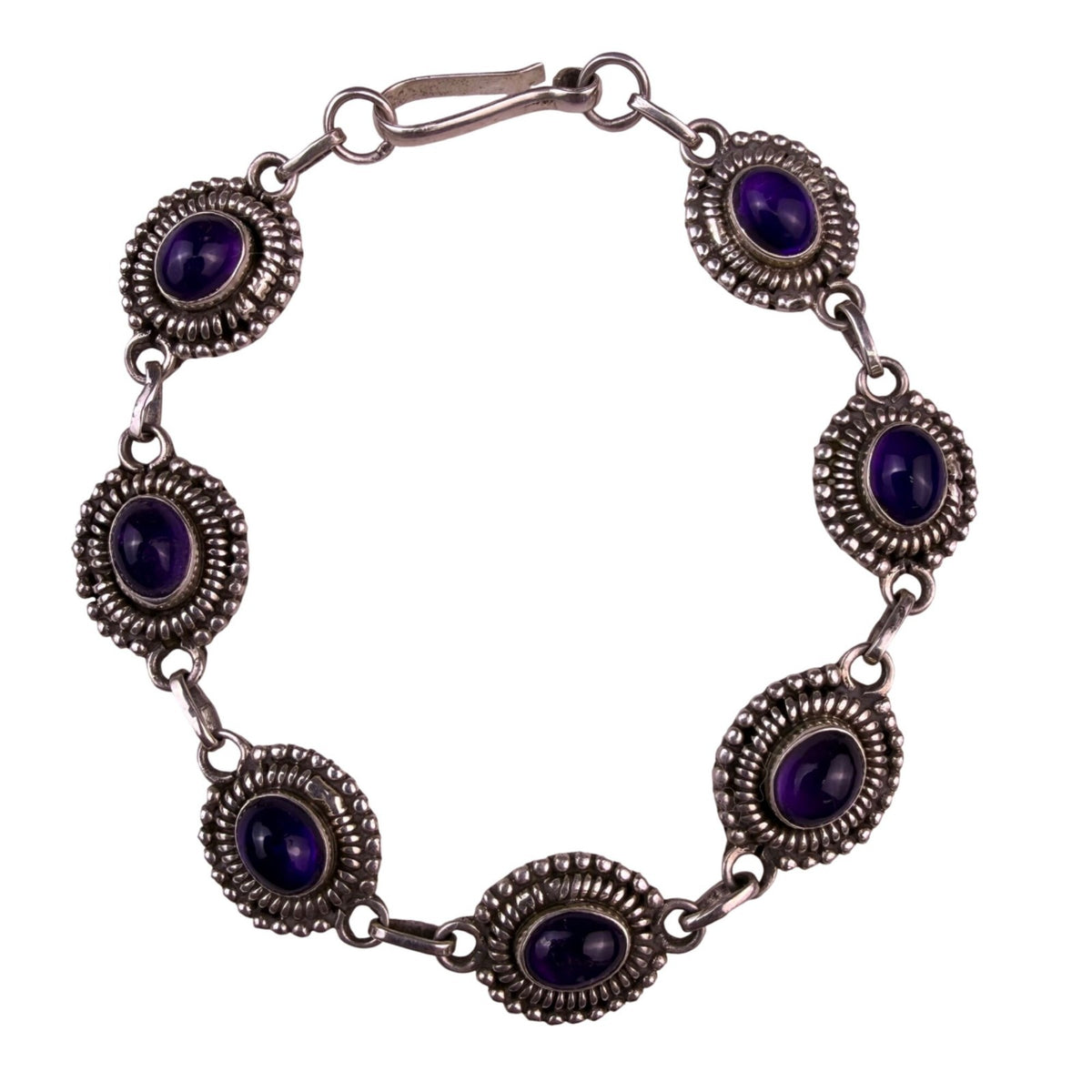 Sterling Silver 925 Womens Purple Amethyst Cabochon Bracelet Ornate Oval Bezels