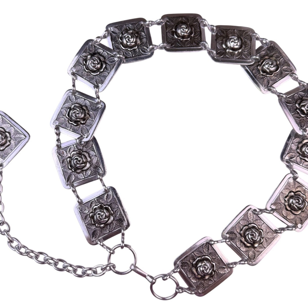 Silver-Tone Womens Adjustable Floral Metal Belt With Rose Design Chain Details
