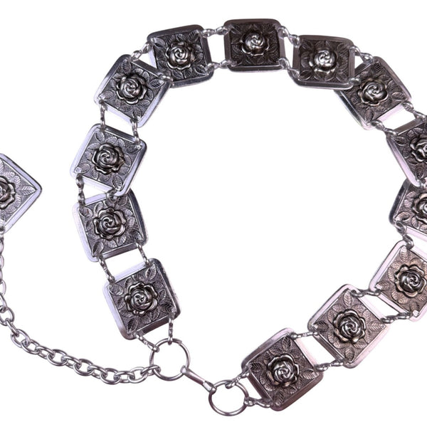 Silver-Tone Womens Adjustable Floral Metal Belt With Rose Design Chain Details
