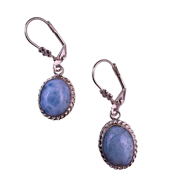 Sterling Silver Womens Blue Larimar Earrings Leverback Cabochon Oval Design