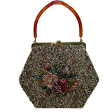 Soure Bag Women’s Multicolor Beaded Floral Resin Handle Hexagon Design Handbag