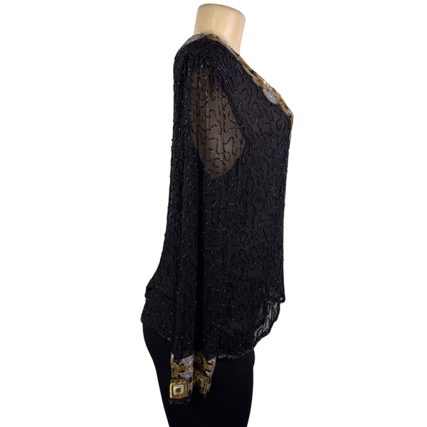 Chetan Creations Black Silk Hand Woven Sequined Beaded Top Gold V-Neck Sz M