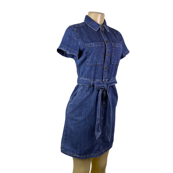 J. Crew Womens Blue Cotton Denim Belted Shirt Dress Pocket Detail Casual Size O